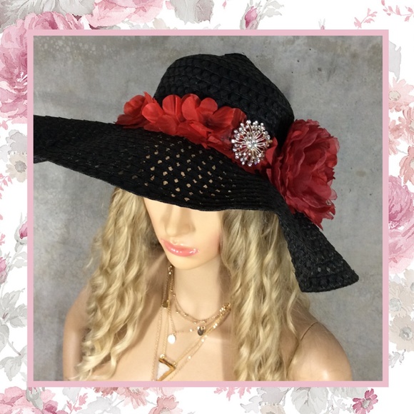 🌺 FLOPPY HAT FLOWER BLING FLORAL SUN BLOCKER BEACH ROSE SUMMER BLACK POOL BOHO - Picture 1 of 8